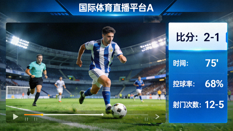 国际体育直播平台A的界面展示，显示清晰的比赛画面和实时数据